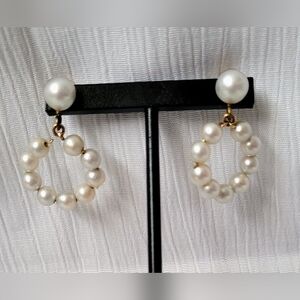 Elegant 14k Yellow Gold White  Pearl Drop Earrings Screwbacks